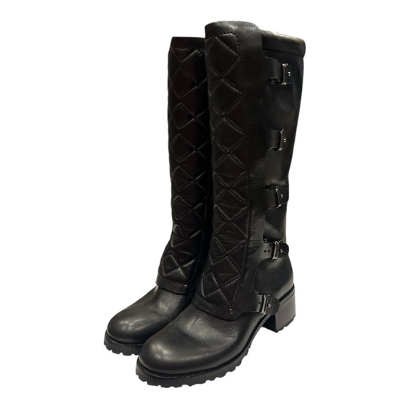 Marc By Marc Jacobs Tall Black Leather Quilted Buckle Riding Boots (38 SZ 7 - Picture 3 of 13